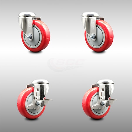 Service Caster 4 Inch 316SS Red Polyurethane Wheel Swivel Bolt Hole Caster Brakes SCC, 2PK SCC-SS316BH20S414-PPUB-RED-2-TLB-2